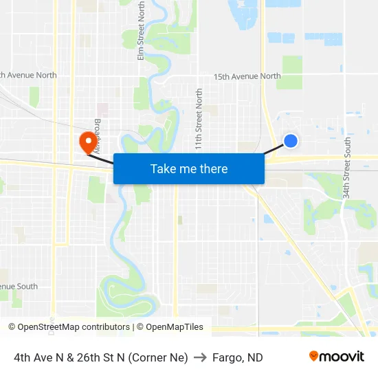 4th Ave N & 26th St N (Corner Ne) to Fargo, ND map