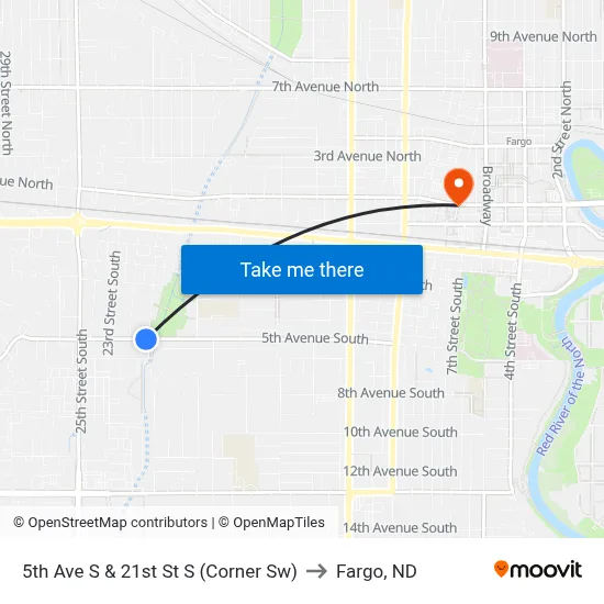 5th Ave S & 21st St S (Corner Sw) to Fargo, ND map