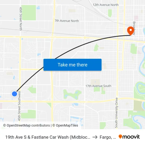 19th Ave S & Fastlane Car Wash (Midblock South) to Fargo, ND map