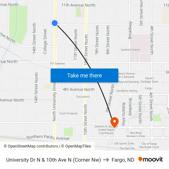 University Dr N & 10th Ave N (Corner Nw) to Fargo, ND map