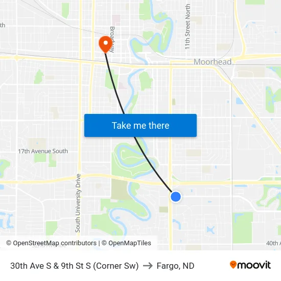 30th Ave S & 9th St S (Corner Sw) to Fargo, ND map