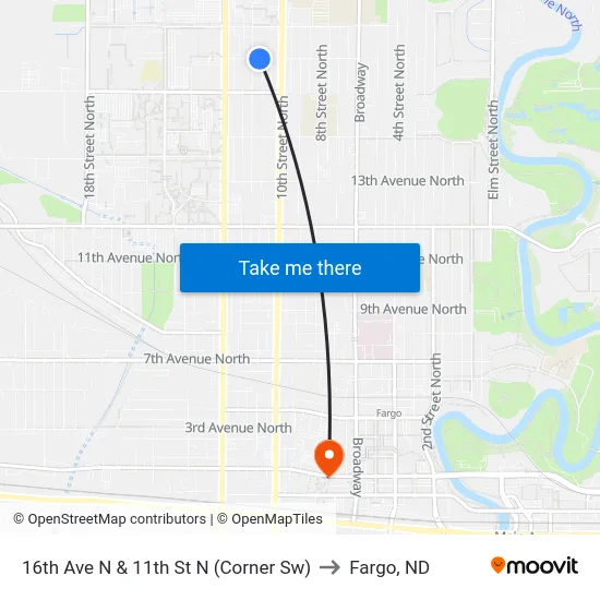 16th Ave N & 11th St N (Corner Sw) to Fargo, ND map