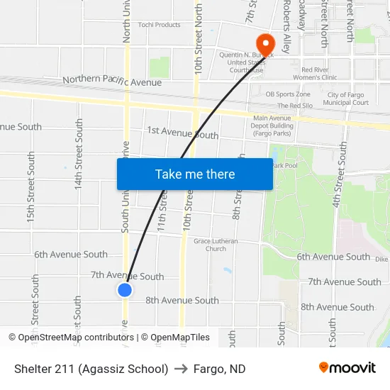 Shelter 211 (Agassiz School) to Fargo, ND map