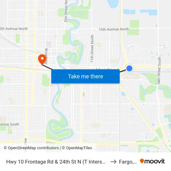 Hwy 10 Frontage Rd & 24th St N (T Intersection South) to Fargo, ND map