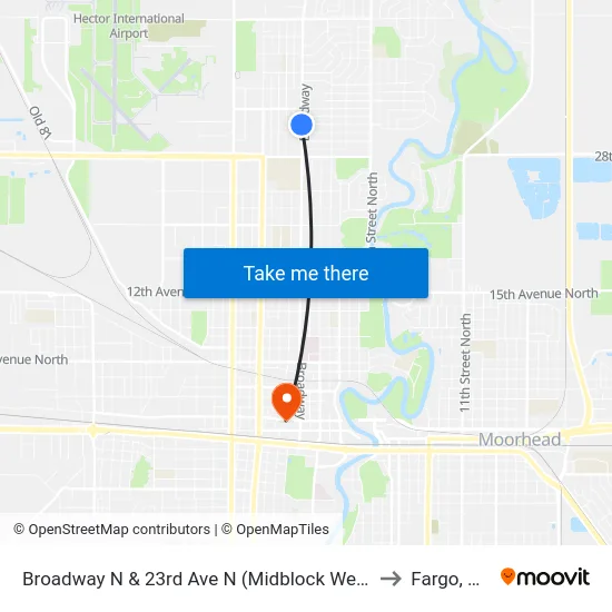 Broadway N & 23rd Ave N (Midblock West) to Fargo, ND map