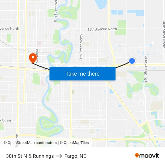 30th St N & Runnings to Fargo, ND map