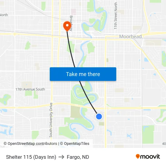 Shelter 115 (Days Inn) to Fargo, ND map