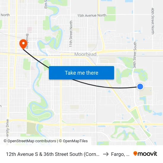 12th Avenue S & 36th Street South (Corner Sw) to Fargo, ND map