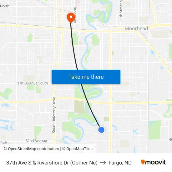37th Ave S & Rivershore Dr (Corner Ne) to Fargo, ND map