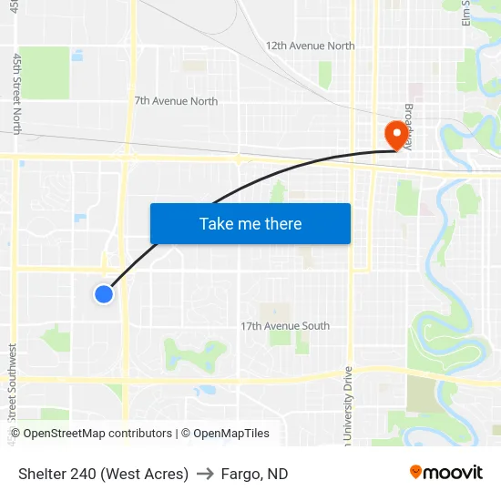 Shelter 240 (West Acres) to Fargo, ND map