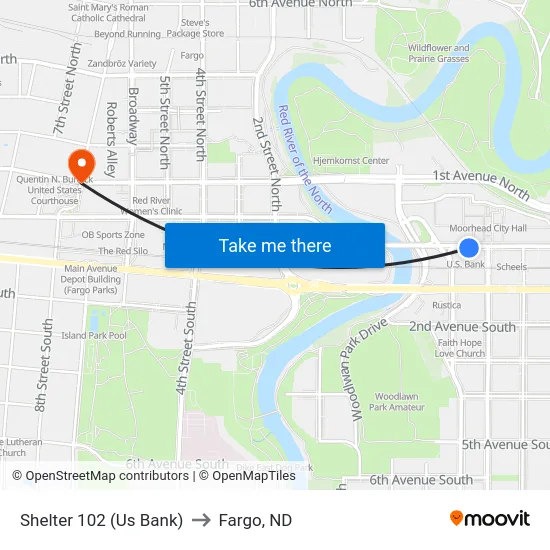 Shelter 102 (Us Bank) to Fargo, ND map