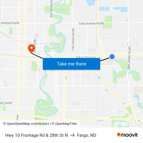Hwy 10 Frontage Rd & 28th St N to Fargo, ND map