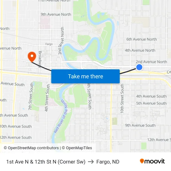 1st Ave N & 12th St N (Corner Sw) to Fargo, ND map