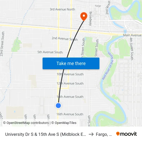University Dr S & 15th Ave S (Midblock East) to Fargo, ND map