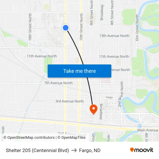 Shelter 205 (Centennial Blvd) to Fargo, ND map