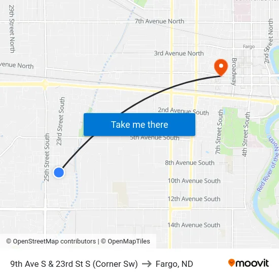 9th Ave S & 23rd St S (Corner Sw) to Fargo, ND map