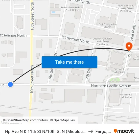Np Ave N & 11th St N/10th St N (Midblock South) to Fargo, ND map