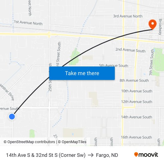 14th Ave S & 32nd St S (Corner Sw) to Fargo, ND map