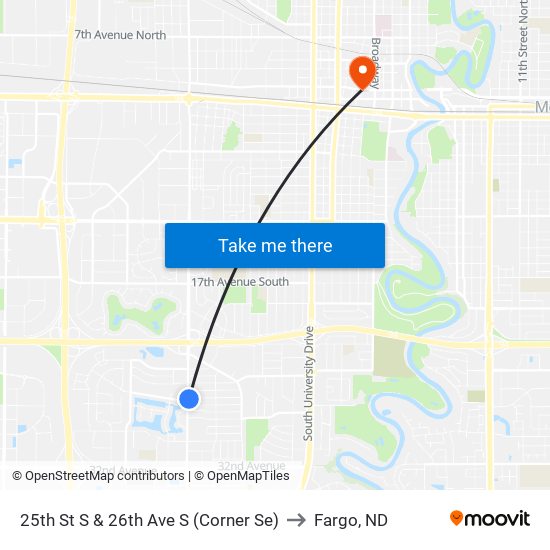 25th St S & 26th Ave S (Corner Se) to Fargo, ND map