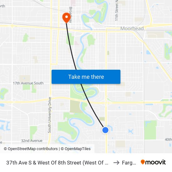 37th Ave S & West Of 8th Street (West Of Driveway by Super 8) to Fargo, ND map