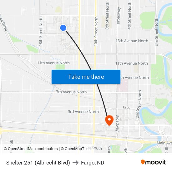 Shelter 251 (Albrecht Blvd) to Fargo, ND map