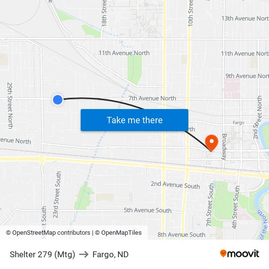 Shelter 279 (Mtg) to Fargo, ND map