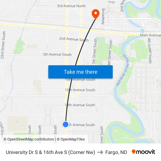 University Dr S & 16th Ave S (Corner Nw) to Fargo, ND map