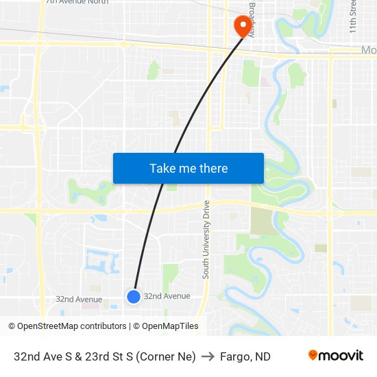 32nd Ave S & 23rd St S (Corner Ne) to Fargo, ND map