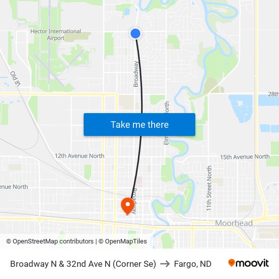 Broadway N & 32nd Ave N (Corner Se) to Fargo, ND map