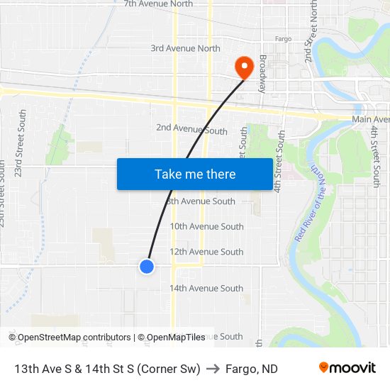 13th Ave S & 14th St S (Corner Sw) to Fargo, ND map