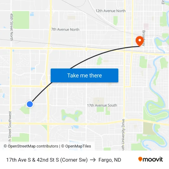 17th Ave S & 42nd St S (Corner Sw) to Fargo, ND map