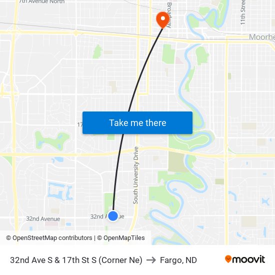 32nd Ave S & 17th St S (Corner Ne) to Fargo, ND map