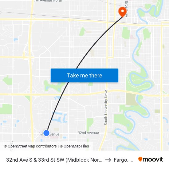 32nd Ave S & 33rd St SW (Midblock North) to Fargo, ND map