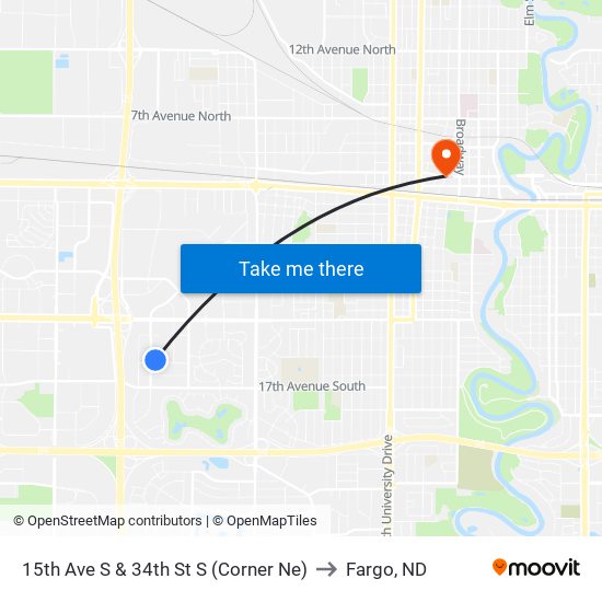 15th Ave S & 34th St S (Corner Ne) to Fargo, ND map