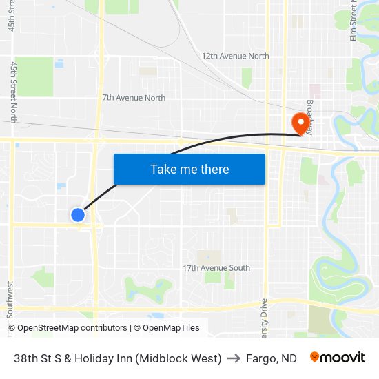 38th St S & Holiday Inn (Midblock West) to Fargo, ND map