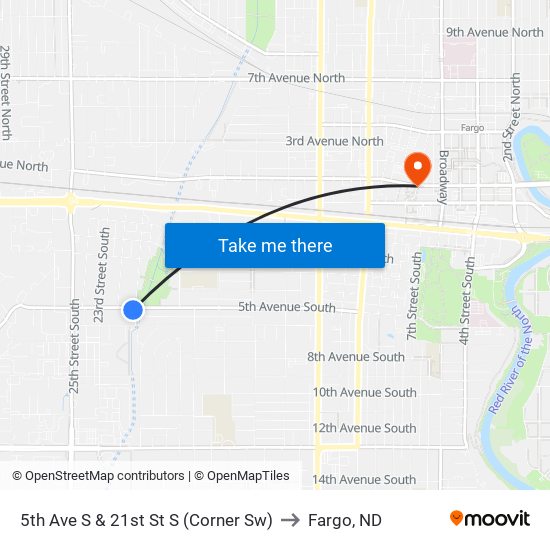 5th Ave S & 21st St S (Corner Sw) to Fargo, ND map