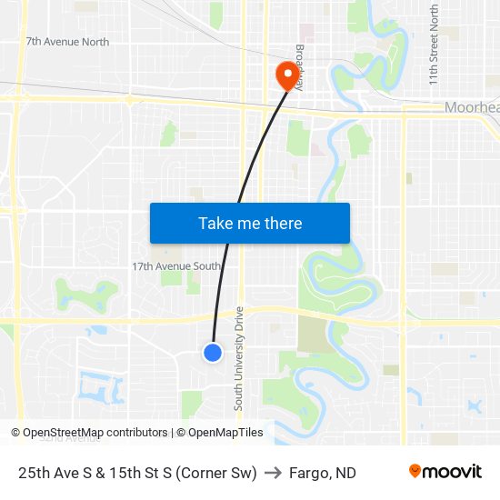 25th Ave S & 15th St S (Corner Sw) to Fargo, ND map