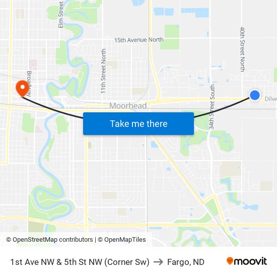 1st Ave NW & 5th St NW (Corner Sw) to Fargo, ND map