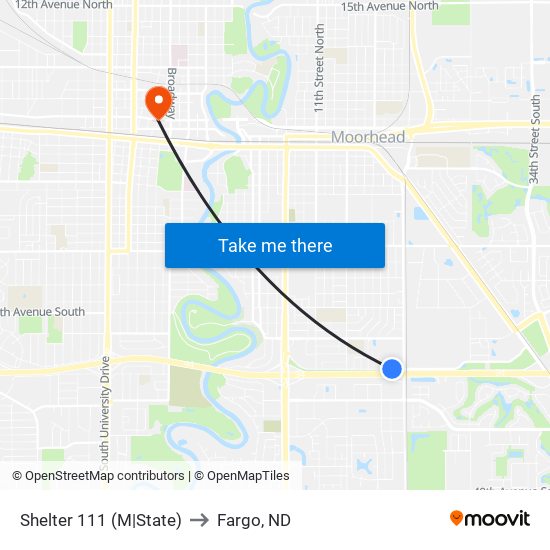 Shelter 111 (M|State) to Fargo, ND map