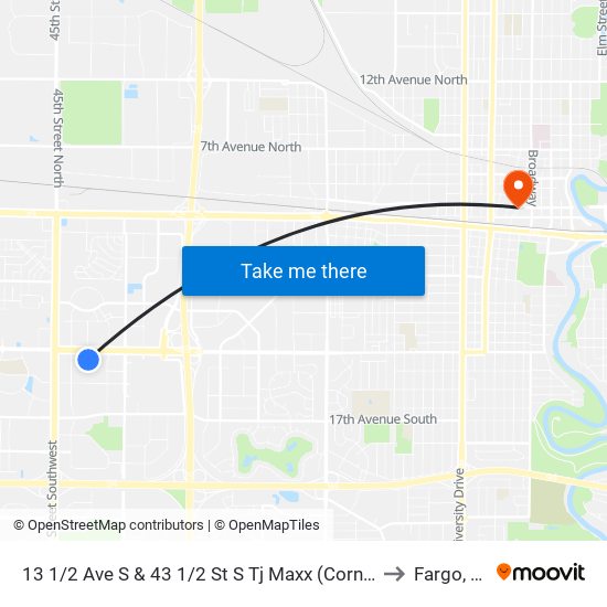 13 1/2 Ave S & 43 1/2 St S Tj Maxx (Corner Ne) to Fargo, ND map