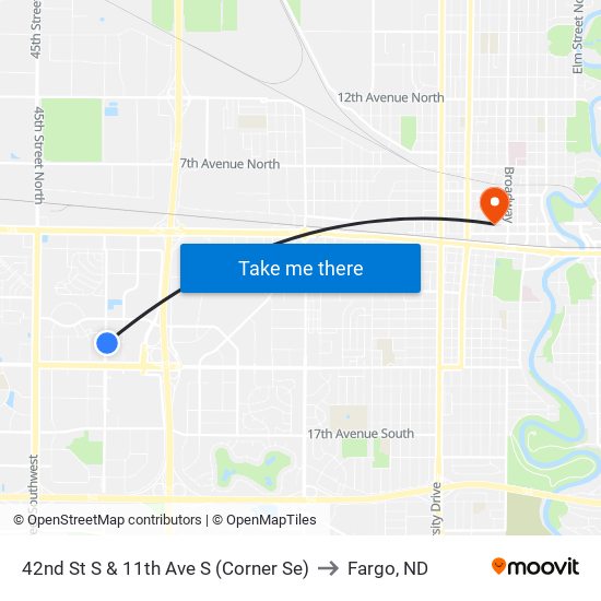 42nd St S & 11th Ave S (Corner Se) to Fargo, ND map