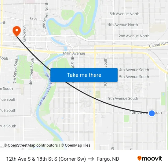 12th Ave S & 18th St S (Corner Sw) to Fargo, ND map