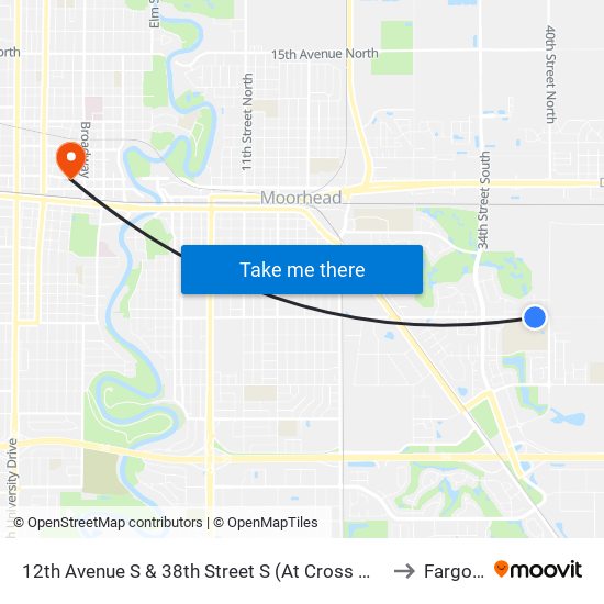 12th Avenue S & 38th Street S (At Cross Walk, South Side) to Fargo, ND map