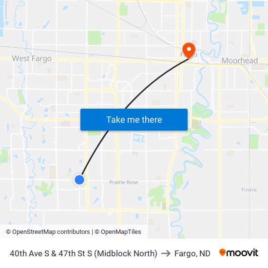 40th Ave S & 47th St S (Midblock North) to Fargo, ND map