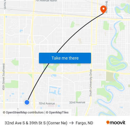 32nd Ave S & 39th St S (Corner Ne) to Fargo, ND map