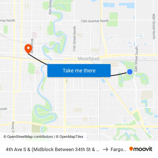 4th Ave S & (Midblock Between 34th St & Clearview Ct N) to Fargo, ND map