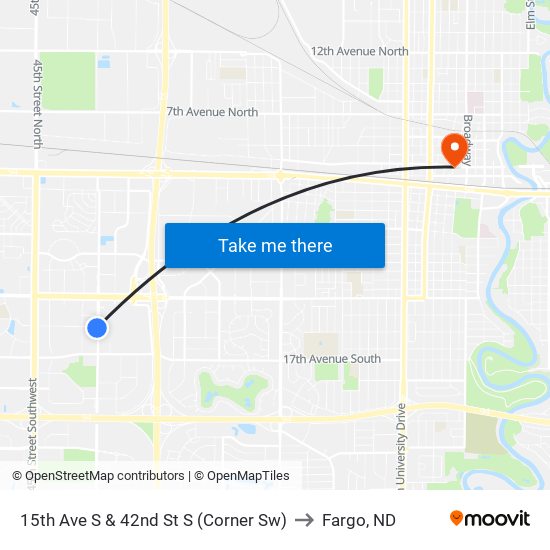 15th Ave S & 42nd St S (Corner Sw) to Fargo, ND map