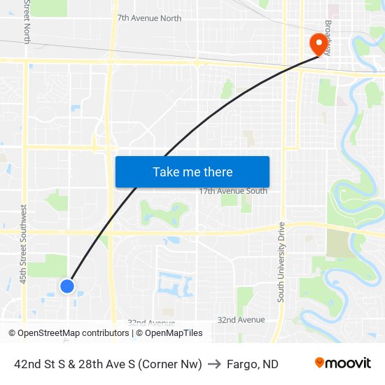 42nd St S & 28th Ave S (Corner Nw) to Fargo, ND map