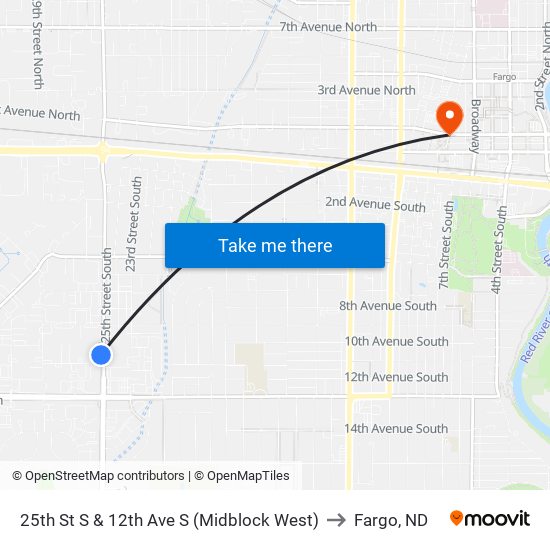 25th St S & 12th Ave S (Midblock West) to Fargo, ND map