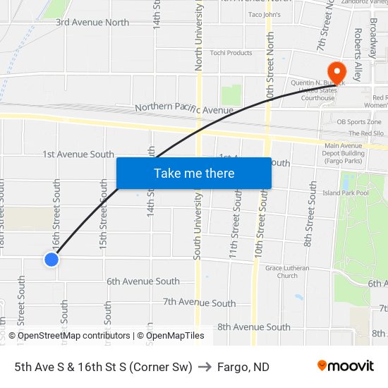 5th Ave S & 16th St S (Corner Sw) to Fargo, ND map